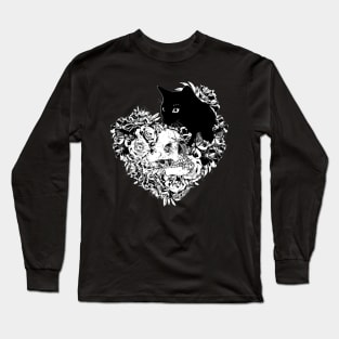 Skull and Black cat with flowers, skeleton with flowers, black and white drawing Long Sleeve T-Shirt